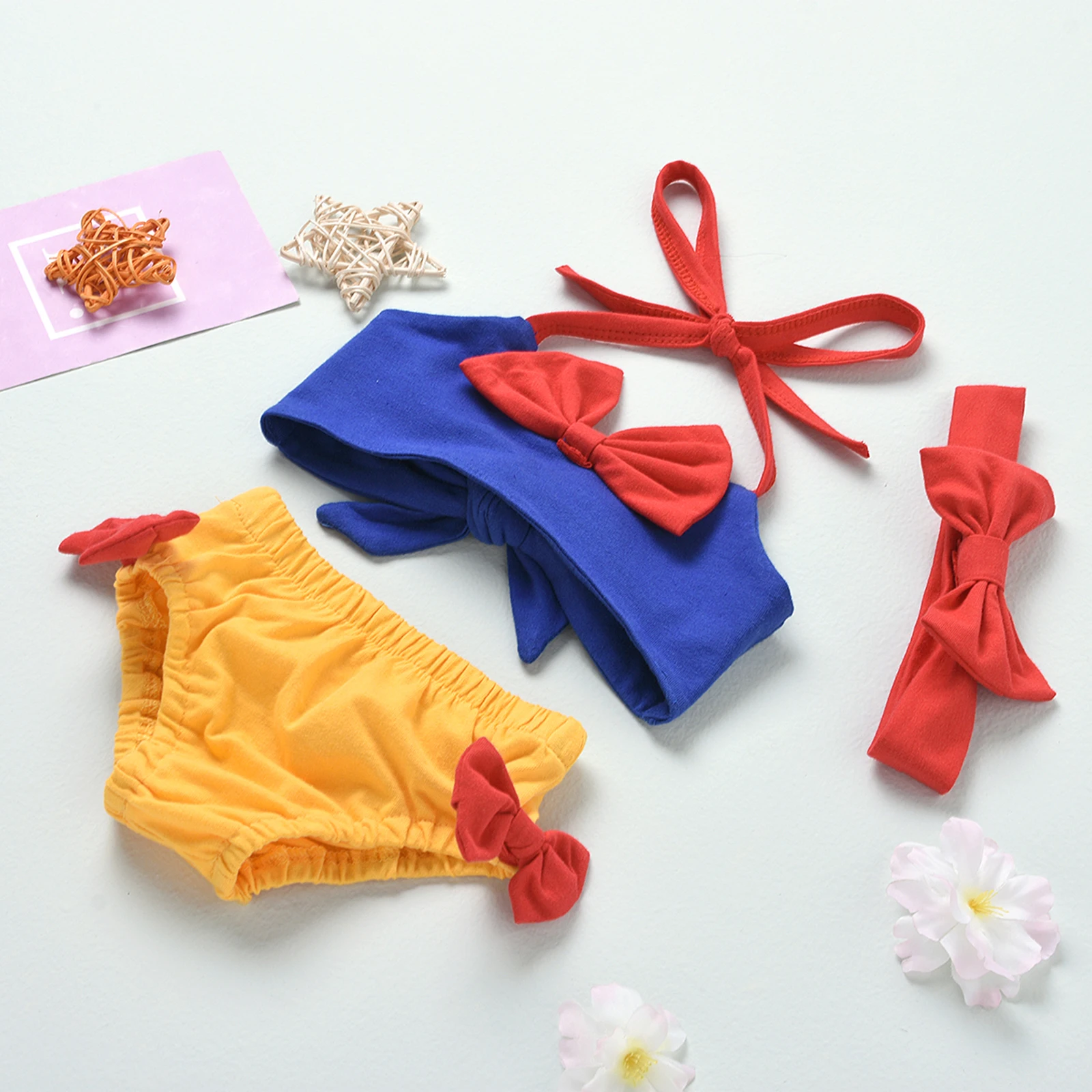 

OPPERIAYA Baby Girls Color Contrast 3Pcs Swimwear Set Sleeveless Halter Crop Tops Bow Decorations Triangle Shorts and Headband