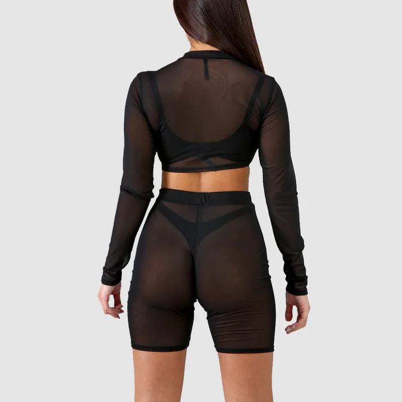 Сетчатый Женский комплект 2 шт. топ с длинными рукавами и шорты из двух предметов