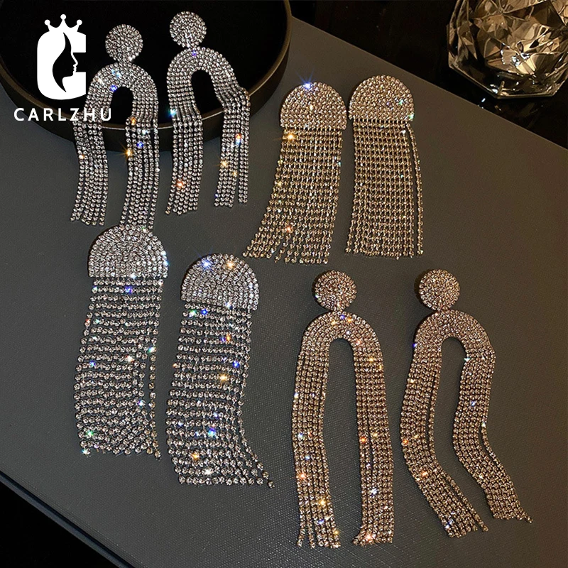 

925 Silver Needle Rhinestone U-shaped Tassel Long Drop Earrings Temperament European and American Exaggerated Party Jewelry