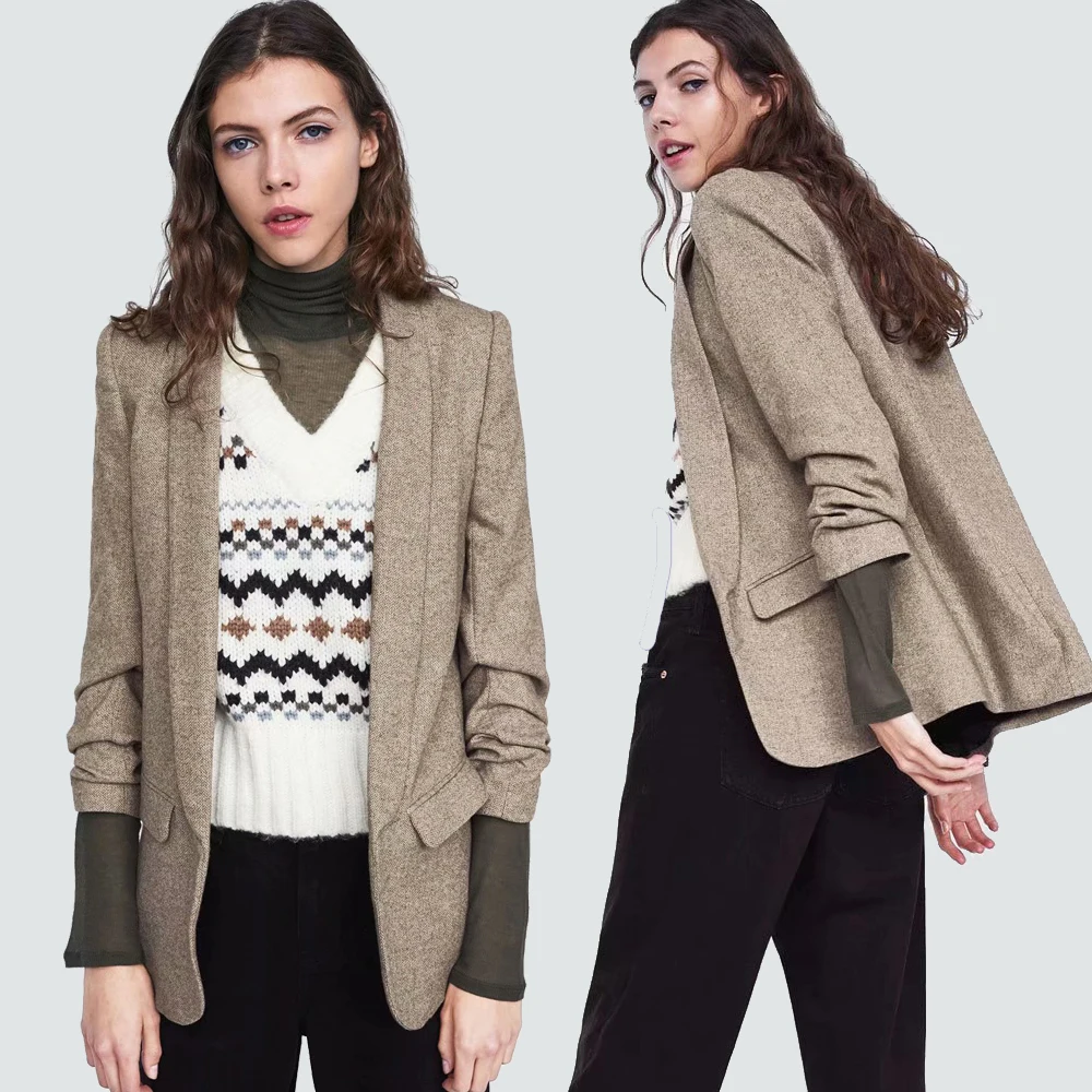 ZA 2020 новый шерстяной обычный Женский блейзер с плиссированными рукавами костюм