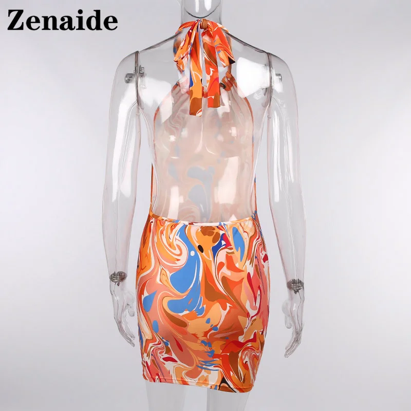 

Zenaide Sexy Backless Dress Summer 2021 Y2K Halter Neck Print Off Shoulder Party Bandage Bodycon Mini Dresses Beach Women