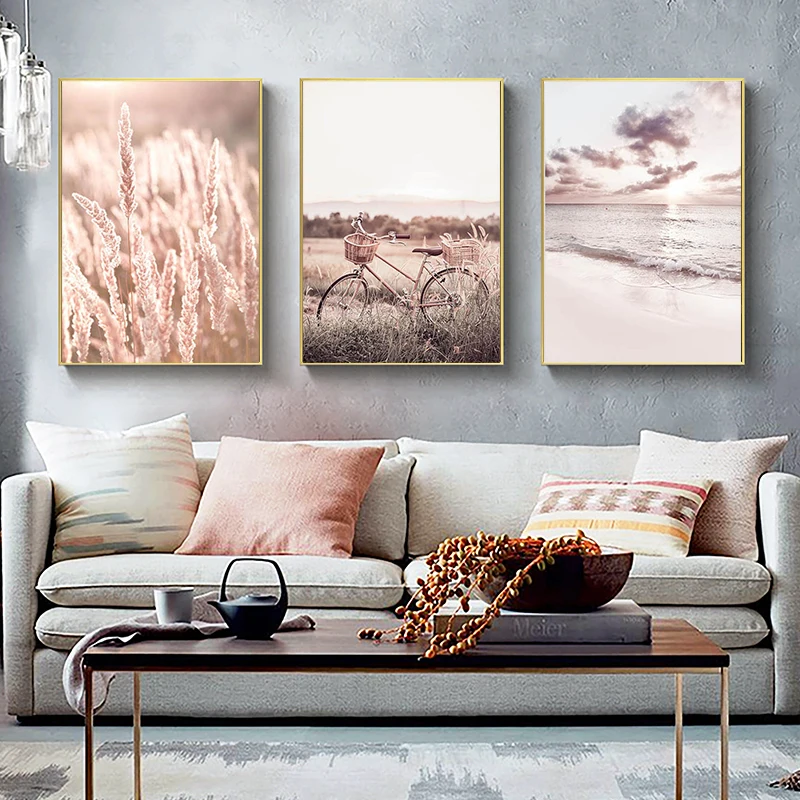 

Nordic Landscape Autumn Sunset Grass Bird Beach Canvas Painting Scandinavian Poster and Print Art Wall Picture for Living Room