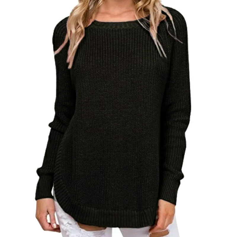 Женский вязаный свитер с разрезом по бокам повседневный однотонный джемпер