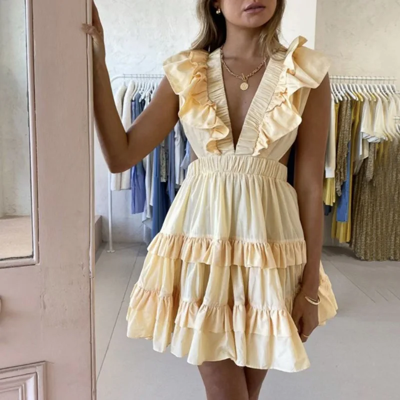 

Простая короткая юбка 2021, летнее модное повседневное соблазнительное однотонное платье-трапеция с оборками на поясе и V-образным вырезом