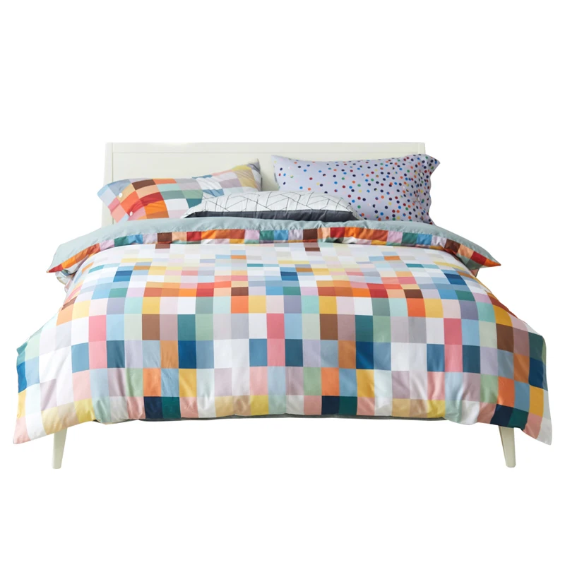 

High Quality Cotton Bedding Set Queen King Size Duvet Cover Flat or Fitted Sheet Apartment College Dorm Rainbow Plaid Polka Dot