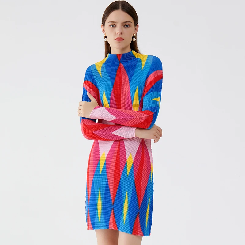 

Miyake Check Pleated Dress Autumn Winter Long-sleeved Geometric Aesthetic Print Turtleneck Mini Dress Ladies Plus Size Clothes