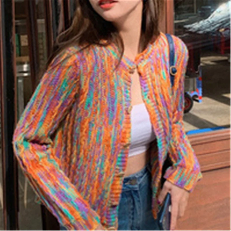 

Korean Chic Knit Sweet Cardigan Rainbow For Women Sweater 2020 New Winter Harajuku Loose Round Neck Lazy Style Female Sweater