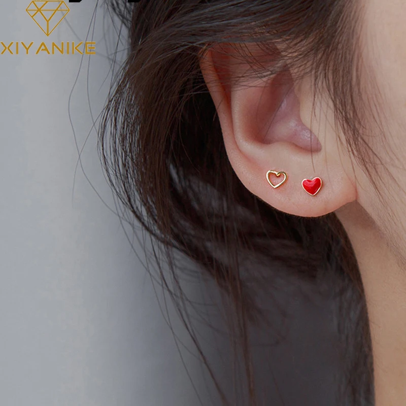 

XIYANIKE Silver Color Minimalist Asymmetric Small Love Heart Stud Earring For Women Girls Fashion Prevent Allergy Cерьги