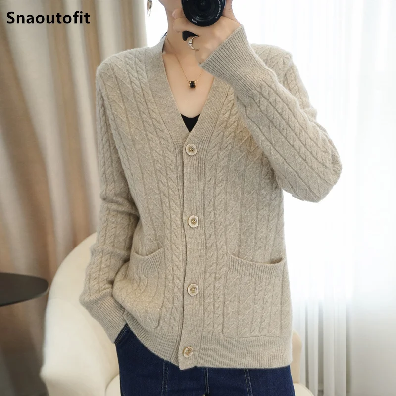 Autumn Winter Thicken Warm Pure Wool Cardigan Women's Knitted Sweater Large Size Loose Coat Solid Color With Pocket Long Sleeve