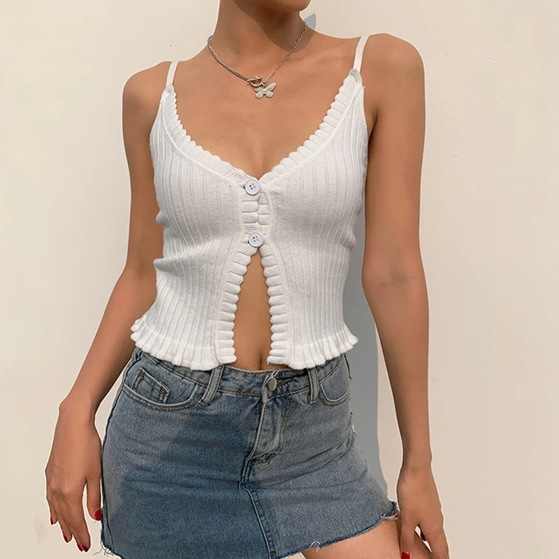 

Women's European and American Style Solid Color Buttoned V-Neck Small Sling Women's Inner Base Coat White