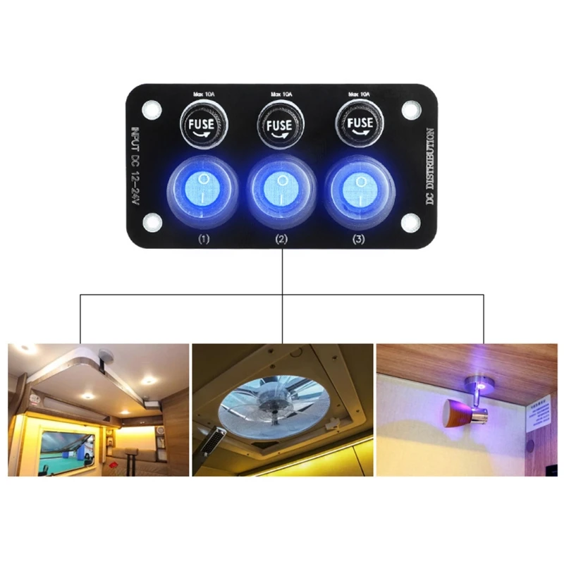 Q9QD Car Marine Boat Caravan Modification Supplies 12-24V Switch Panel with 10A Fuse Short Circuit Protection Panel
