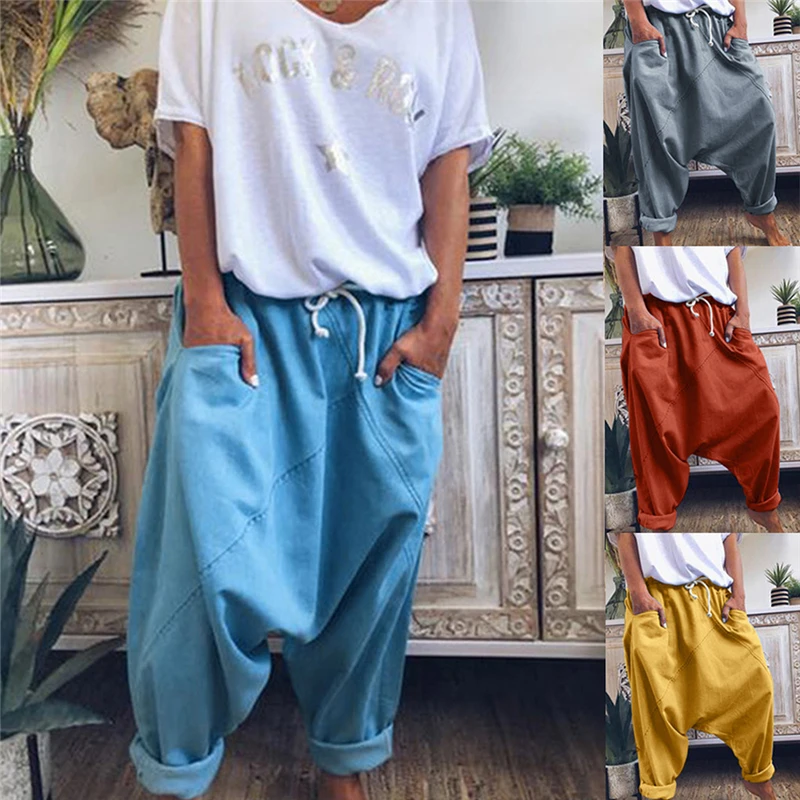 

Fashion Harem Pants Women 2020 Capris Women Casual Hip Hop Loose Trousers with Pocket Solid Color Vintage Wide Leg Pants
