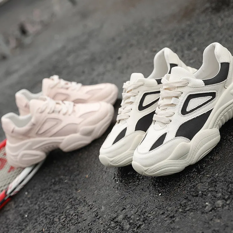 

Leather Women's Platform Sneakers 2019 Fashion White Black Dad Shoes Woman Lace Up High Heel Chunky Trainers Casual Shoes Female