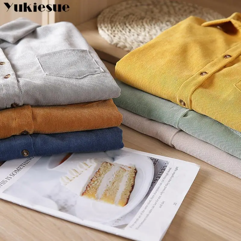 Corduroy Women Blouses Shirts Tunic Womens Tops And 2021 Womenswear Long Sleeve Clothing Button Up Down Loose White New | Женская одежда