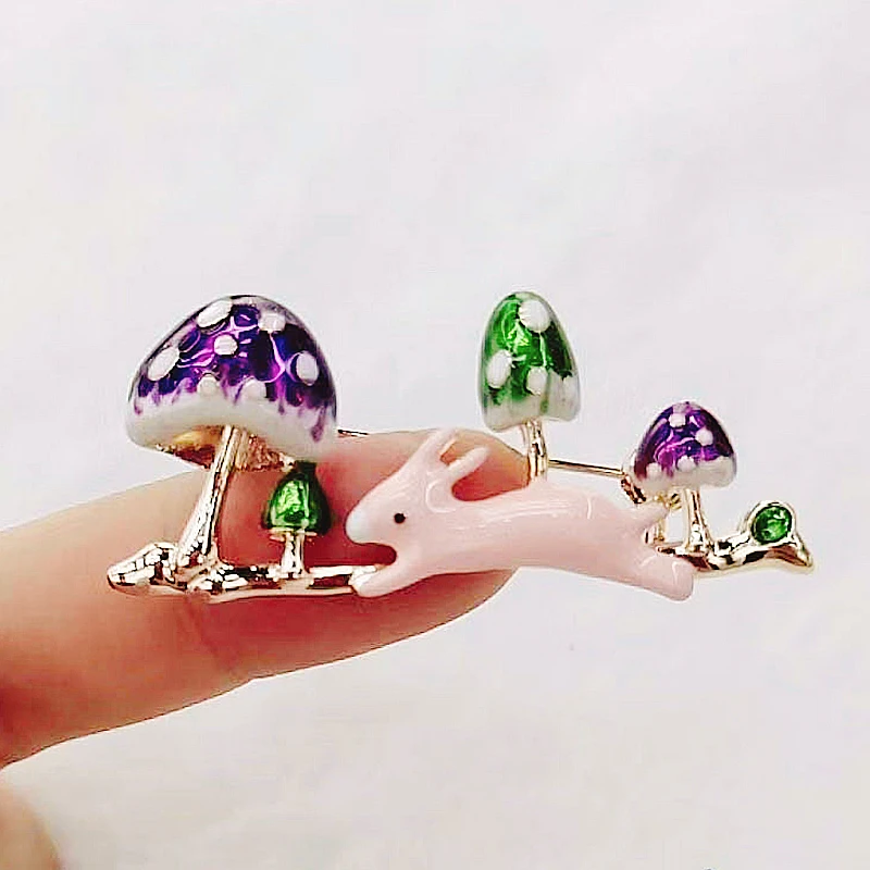 

Wuli&baby Enamel White Rabbit Running in Big Blue Mushroom Brooch Pins Fashion Jewelry Gift 2019