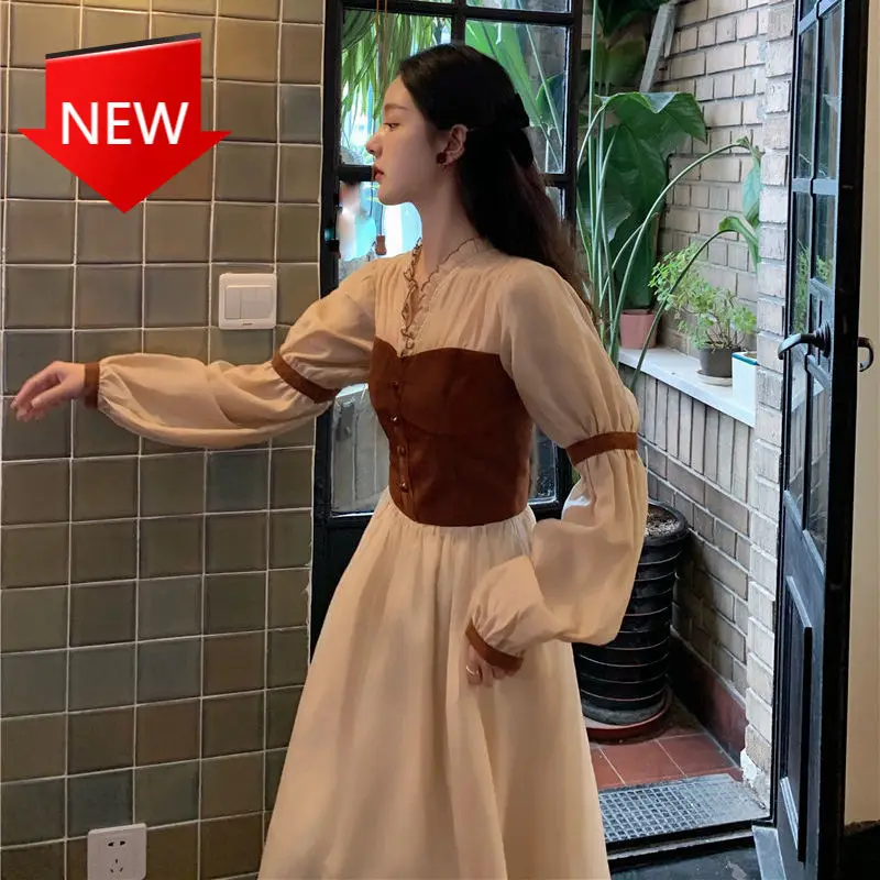 

korean fashion Vintage Midi Dress Women Female French Evening One-piece Dress Korean Casual V-neck Long Sleeve Party Retro Dress