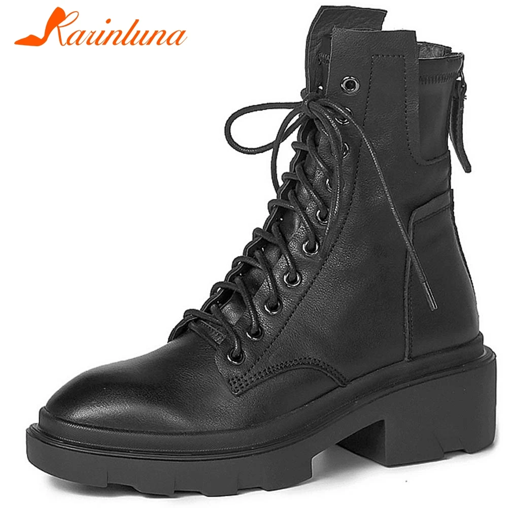 

KARINLUNA New Ladies 2020 Motocycle Boots Autumn Chunky Heels Cross Tied Zip Women Boots Female Genuine Leather Women Shoes