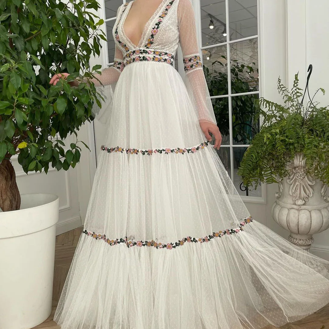 

Elegant White Dress Women Deep V-Neck Floral Print Tulle Dress Floor-length Evening Dress Long Sleeve Prom Dress Sexy Dresses