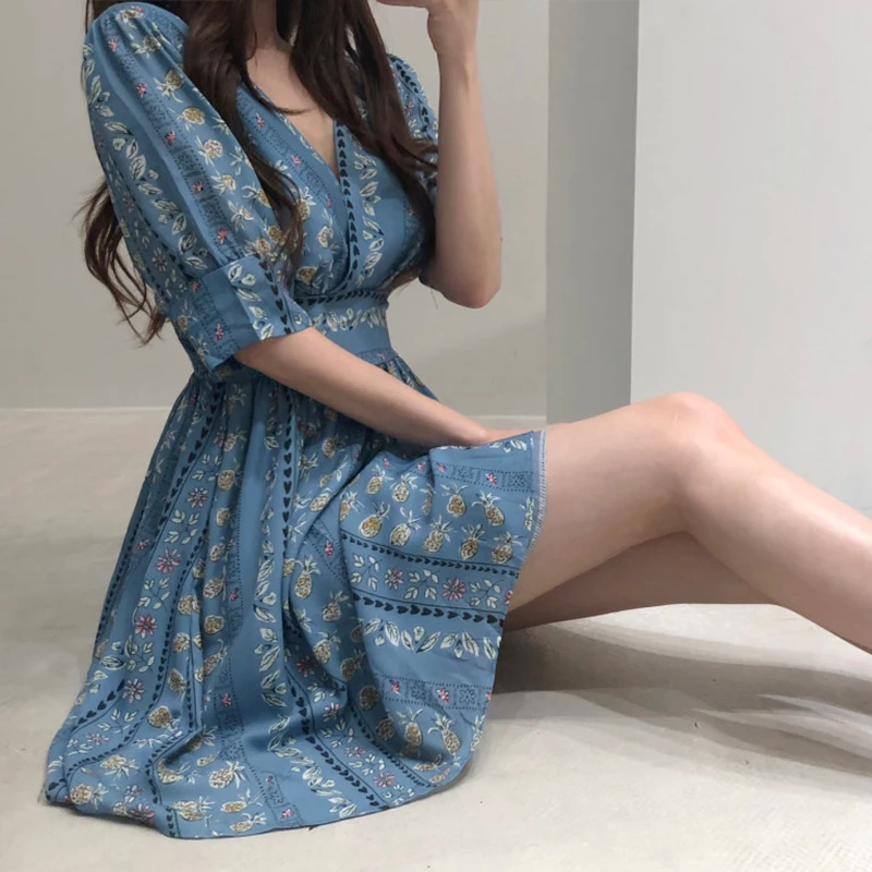 

Flower Print Dress 2020 Women Korean Chic V Neck Short Puff Sleeve Ladies Vestidos Court Style High Waist Female Dresses