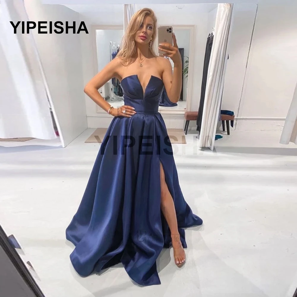 

Элегантные темно-синие официальные вечерние платья, длинные привлекательные атласные простые вечерние платья-трапеции с высоким разрезом ...