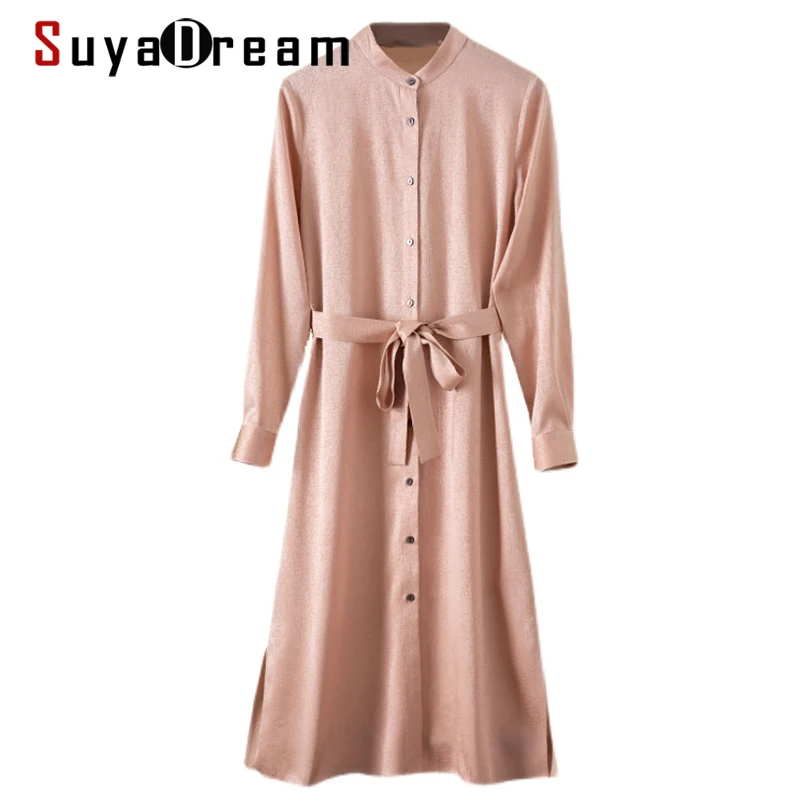 

SuyaDream Woman Midi Dress 22mm 92%Real Silk 8%Spandex Jacquard Sashes Blouse Shirt Dress 2021 Spring Autumn Chic Dresses