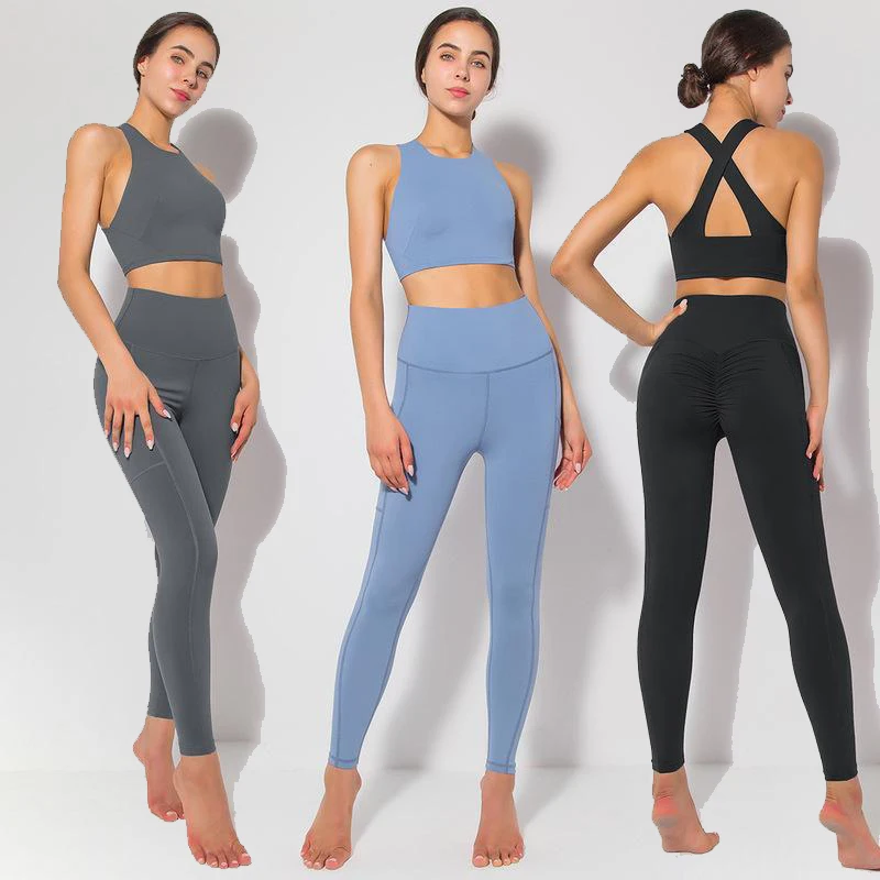 

Бесшовный Карманный костюм для пилатеса и йоги, женский спортивный костюм для спортзала и улицы, кроп-топ на бретельках с перекрестными бре...