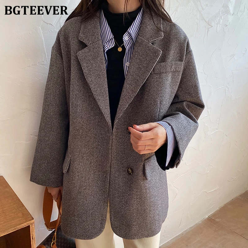 BGTEEVER Ретро стиль свободный клетчатый костюм куртка пальто зима 2019 отложной