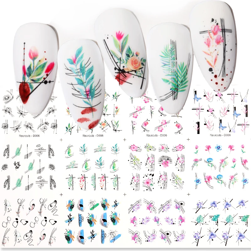 

Harunouta 12Pcs Sexy Girl Geometric Lines Nail Water Stickers Spring Simple Flower Leaves Decals Slider DIY Nail Art Decoration