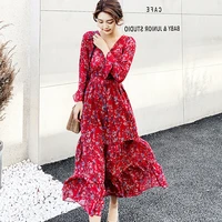 2021 spring and summer womens dress retro long sleeve v neck casual print a line dress party display holiday dress lady