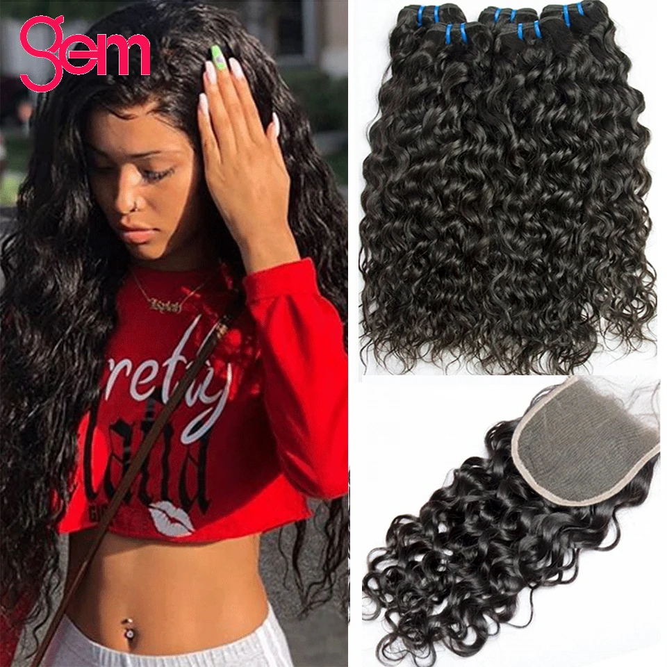 

3/4 Bundles With Closure For Black Woman 30 Inch Brazilian 100% Hair Extensions Human Hair Water Wave Bundles With Closure
