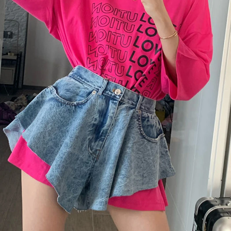

Irregular High Waist Denim Shorts Women Korean Personality Loose Shortss Women Thin Loose Wide Leg Pants Women'S Summer 2021