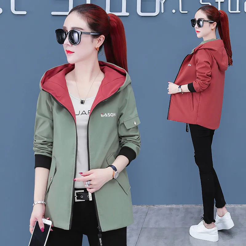 

Новинка, Женская двухсторонняя одежда, ветровка, куртки на весну и осень, Свободное пальто на молнии с капюшоном и принтом, Женский тренчкот,...