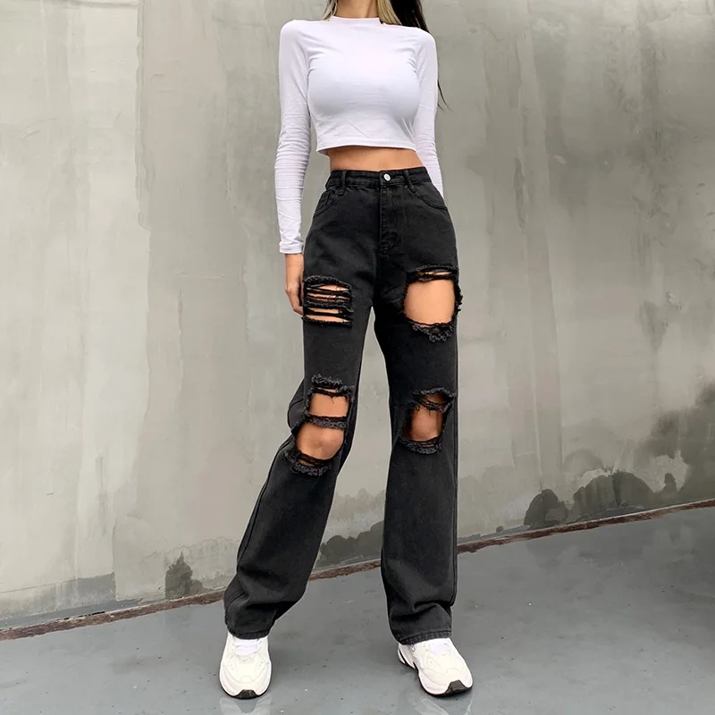 

2021 Hole Baggy Straight Leg Jeans Woman Fashion Solid Denim Pants Streetwear Women Cotton Pocket Casual High Waist Jeans Spring