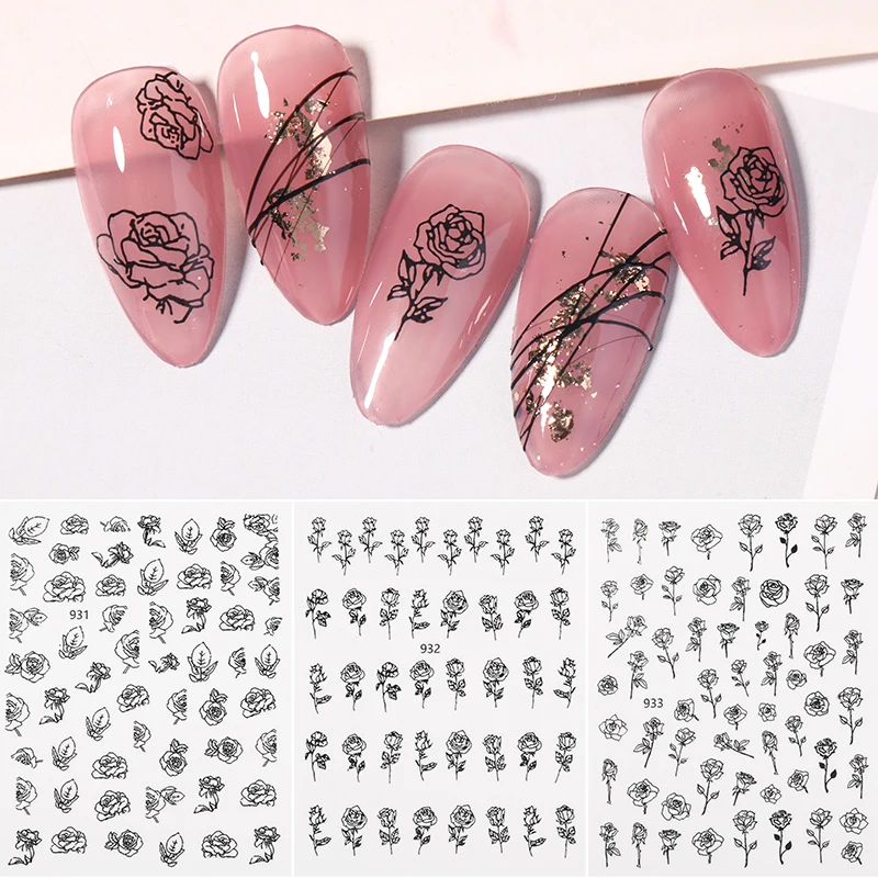

1 Sheet Black White 3D Nail Art Stickers Sliders Rose Flowers Leaves Mandala Leaf Adhesive Nail Decals Foil Design