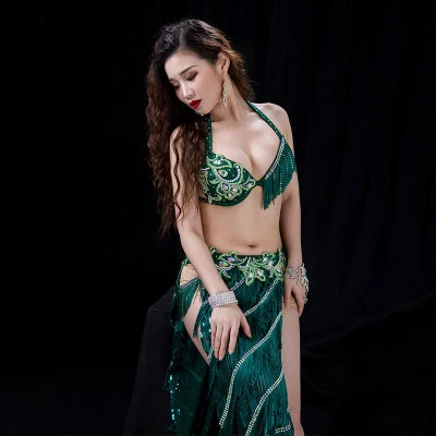 

Rhinestone Paillette Tassel Spandex Bra Placketing Skirt Belly Dance 2pcs Set For Women/Female Costume Performance Wears