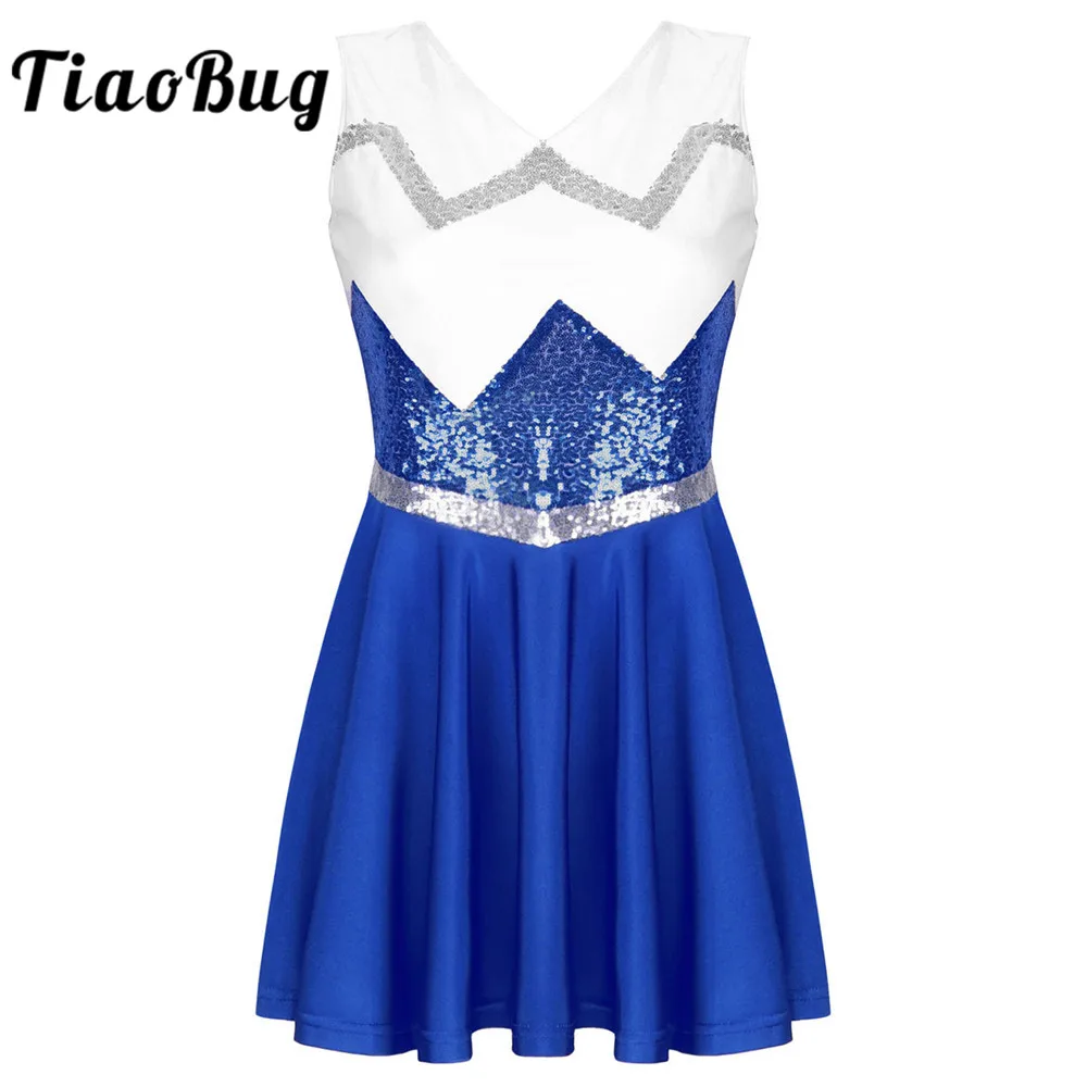 

TiaoBug Women Stage Performance Cheerleader Team Jazz Dance Costume Shiny Sequins Sleeveless V Neck Flared Mini Dress Dancewear