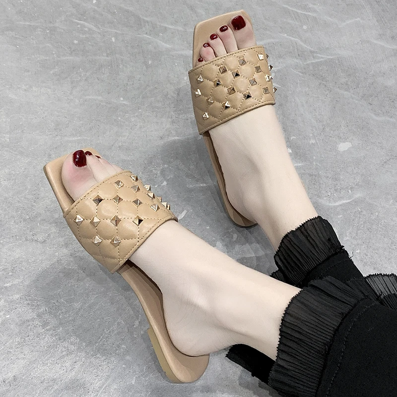 Light stream fashion slippers ladies square toe flat shoes girls summer 2021 sandals and slippers casual sandals and slippers