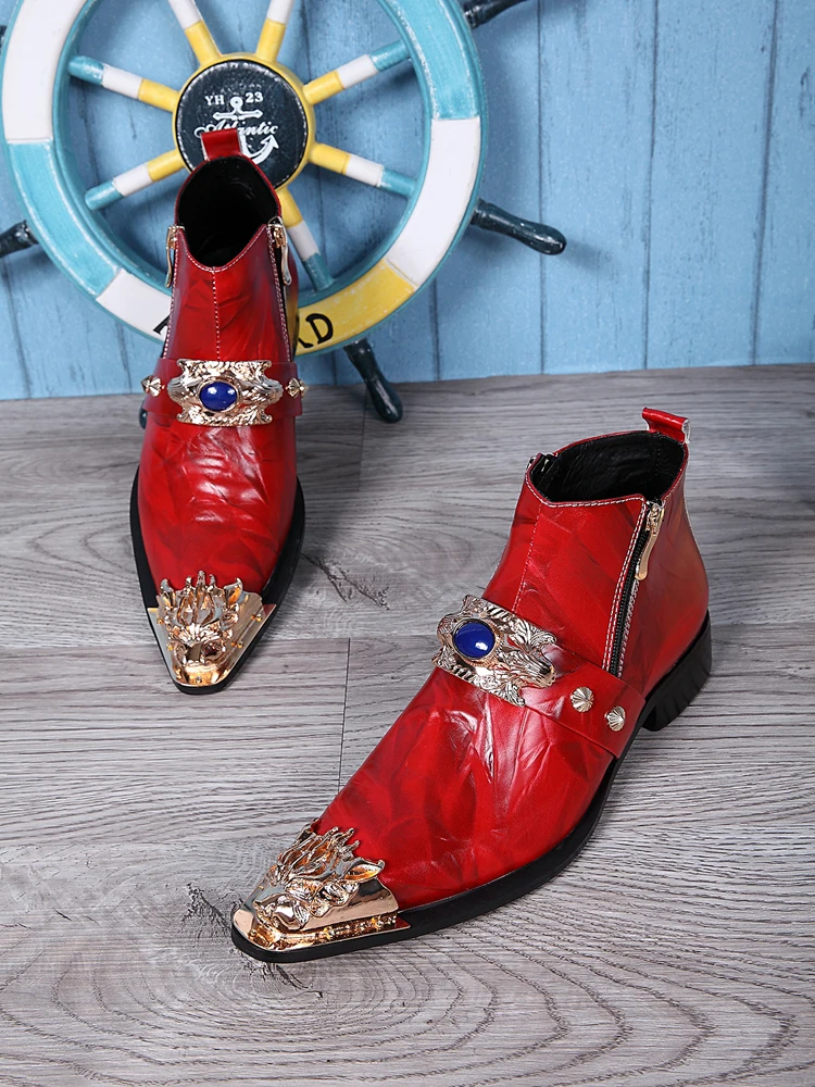 Winter Fashion Men Boots Red Metal Decoration Party Dress Nightclub Prom Leather Shoes Big Size Motorcycle Ankle | Обувь