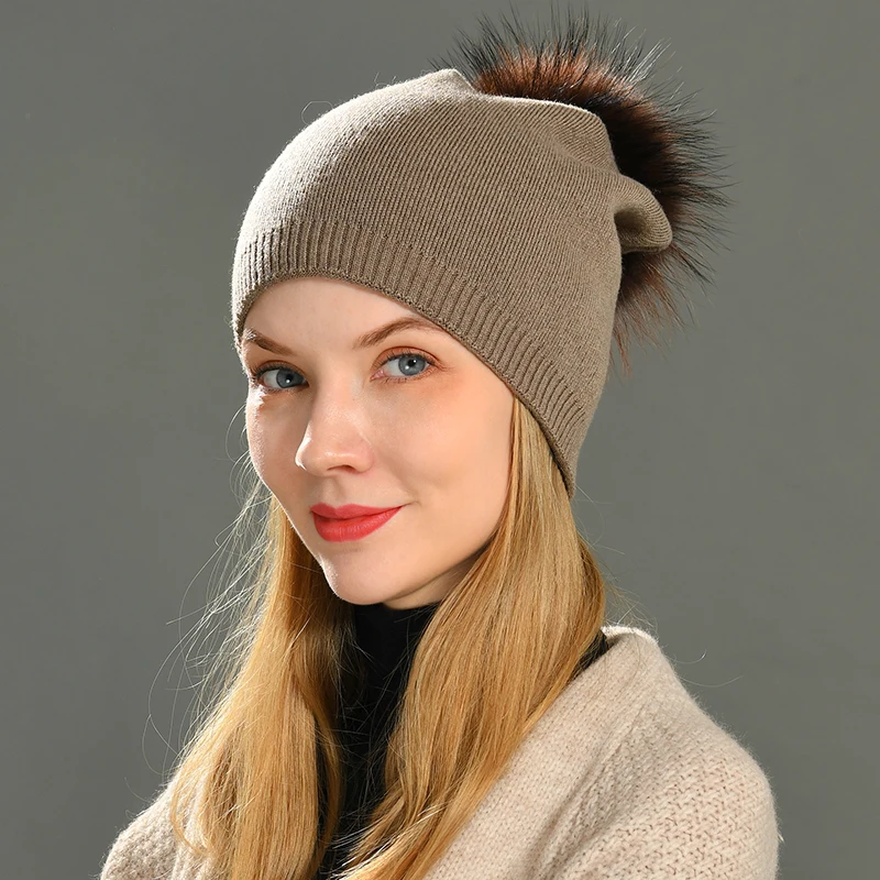 

Cashmere Beanies Hat For Women Solid Knitted Hat Whit Real Raccoon Fur Pom Pom Wool Skullies