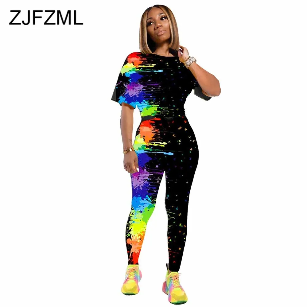 

Painted Butterfly Print Women Two Piece Outfit Sporty Short Sleeve T-shirt Top and Skinny Pencil Legging Activewear Tracksuits