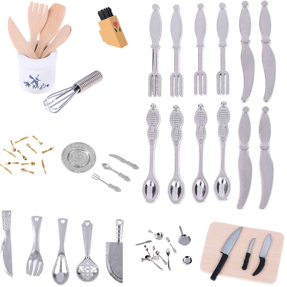 

1Set 1:12 Mini Dollhouse Miniatures Tableware Cutlery Knife Fork Spoon Cake Knife Chopping Block Kitchen Food Furniture Toys