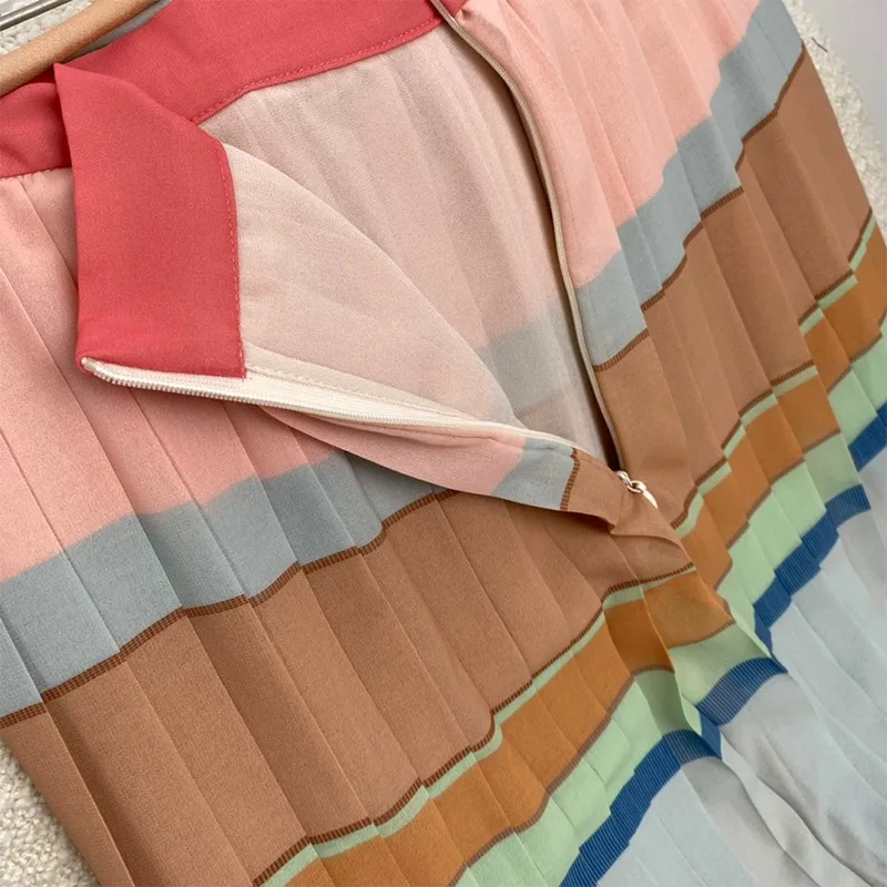 

Ladies Sweet Colorful Striped High Waist with Lace-up Ankle-length Rainbow Pleat Skirts Easy Matches 2021 Spring Summer Fashion