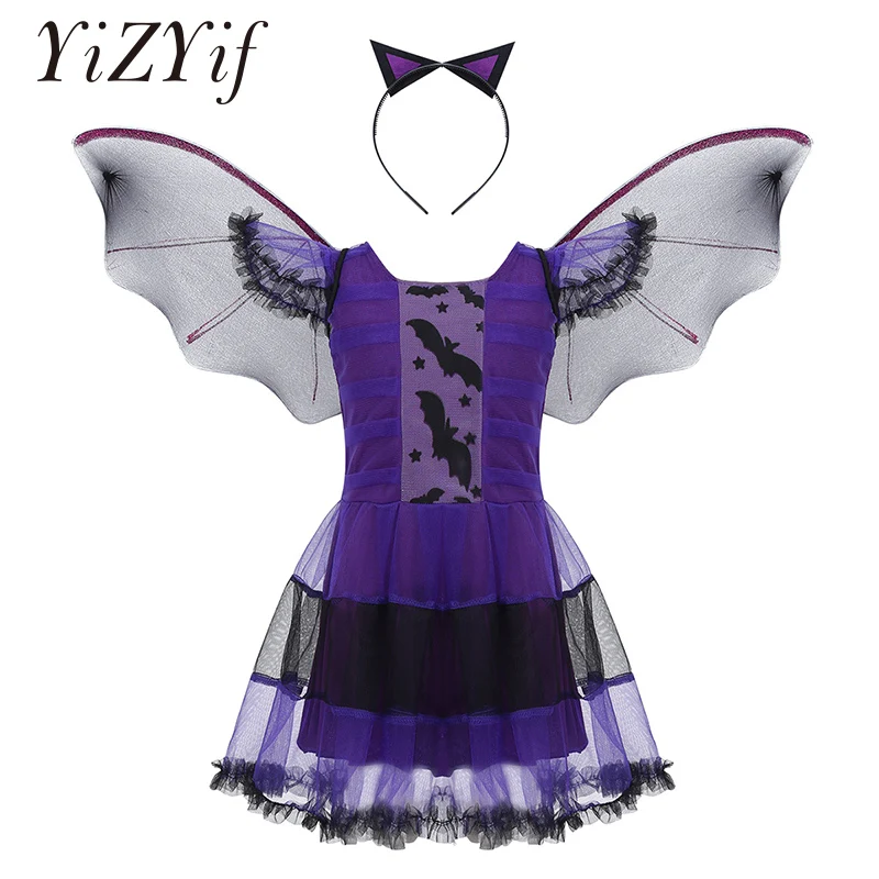 Детское платье принцессы феи фиолетового цвета летучая мышь с повязкой на голову