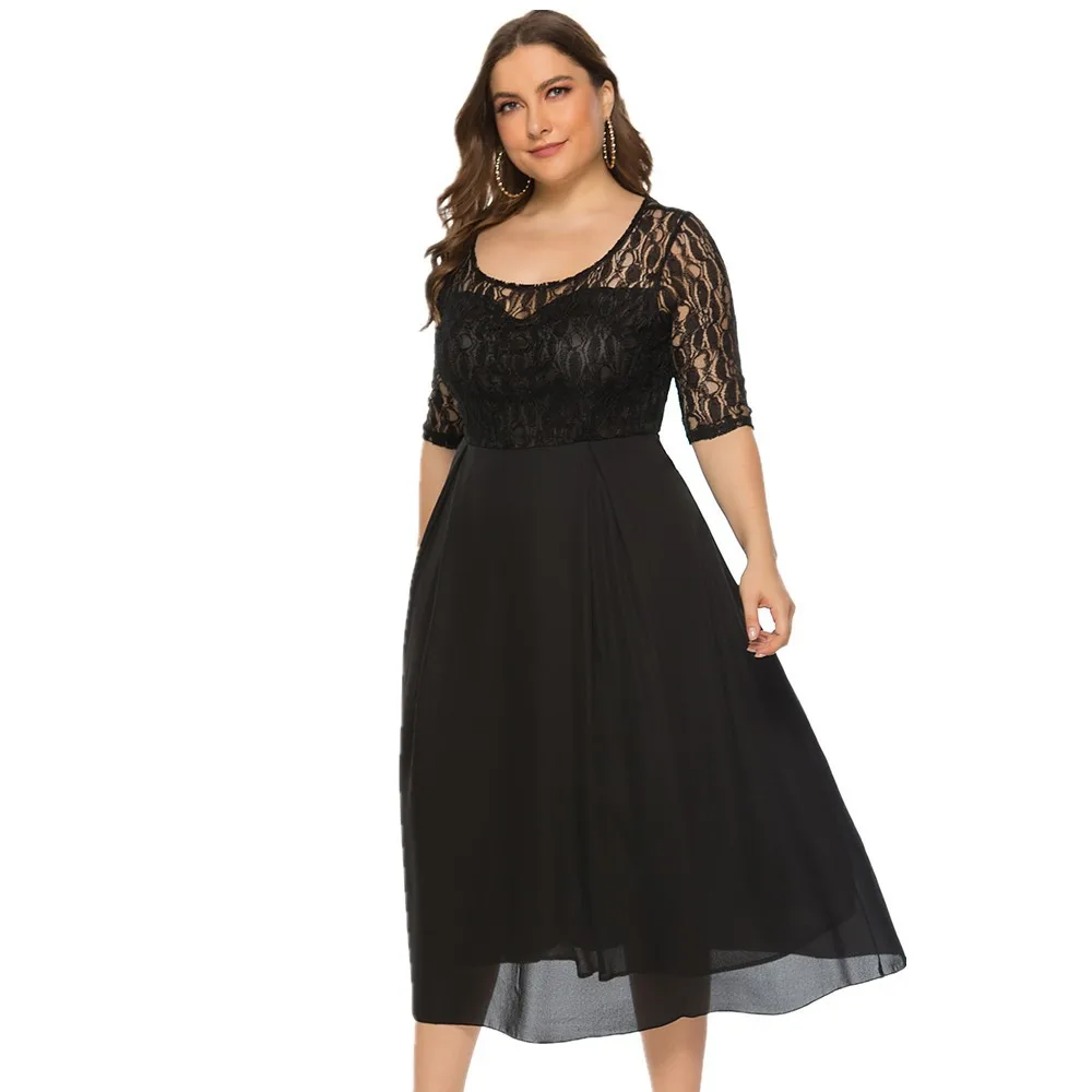 

Summer Women Fashion O-Neck Half Sleeve Chiffon Lace High Waist Dinner Party Evening Long Dresses Plus Size XL-6XL