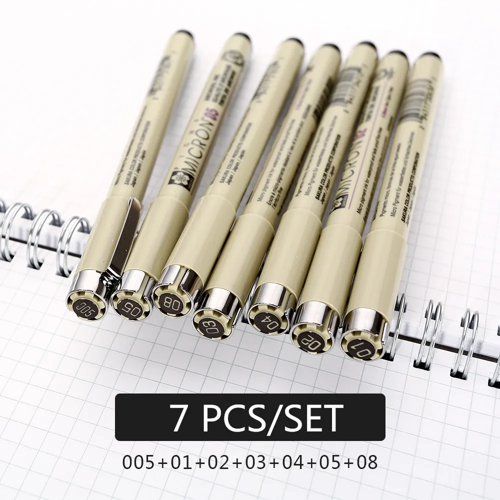 7 pcs 9 шт./компл. Sakura ручка Pigma micron иглы чертежная ручка Lot 005 01 02 03 04 05 08 кисть для рисования - Цвет: 7 pcs