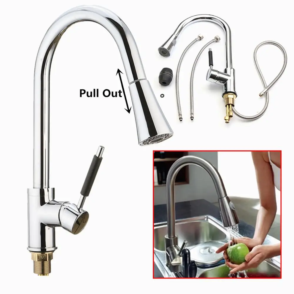

Kitchen Basin Sink Pull Out Tap Faucet Swivel Gooseneck Spout Spray Water Mixer