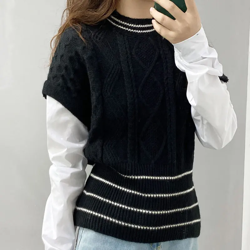 

Женская одежда, свитер на осень и зиму и весну, белый пуловер с круглым вырезом и рукавами, комплект из двух предметов черного и красного цве...