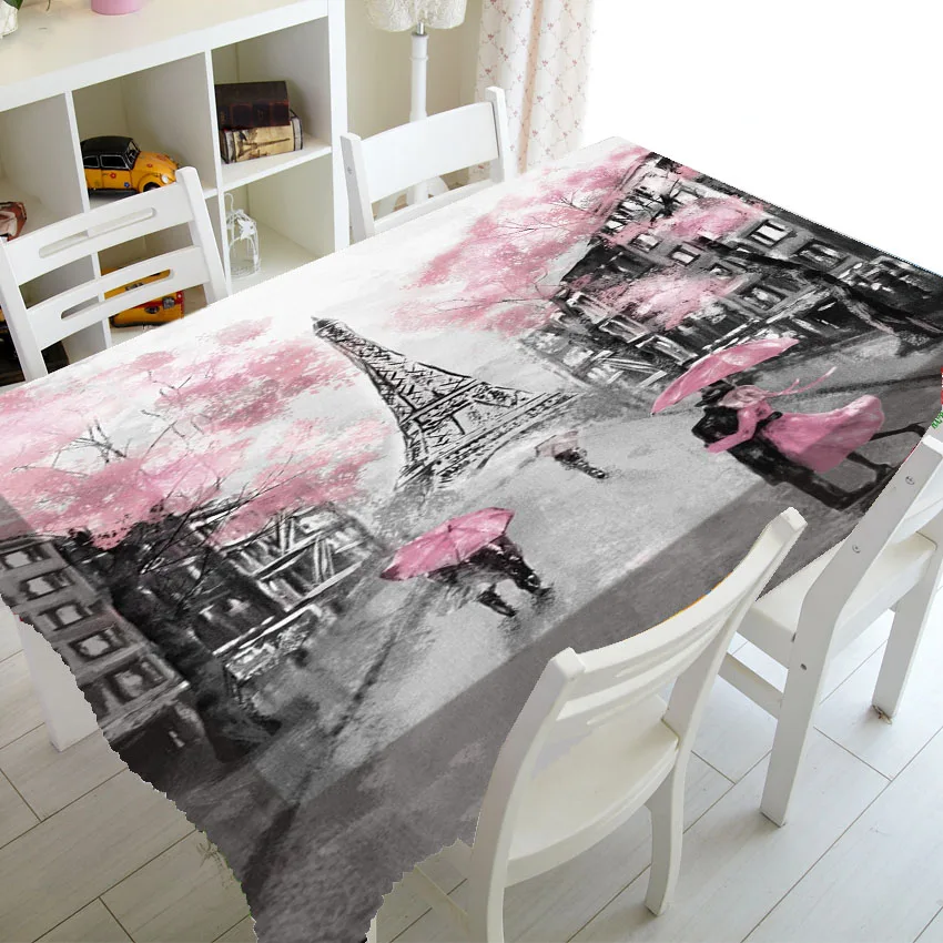 

Elegant Pink Paris Tower Wedding Party Home Decor Oil Painting France Landscape Tablecloth Rectangle Table Covers Cloth 140x200