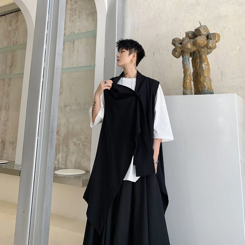 Черная рубашка в японском стиле асимметричный дизайн куртка без рукавов с