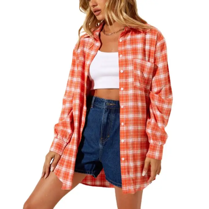 

Ladies Temperament Long Sleeve Shirt, Summer Girls Solid Color/Plaid/Stripe Lapel Loose Blouse Single-breasted Tops